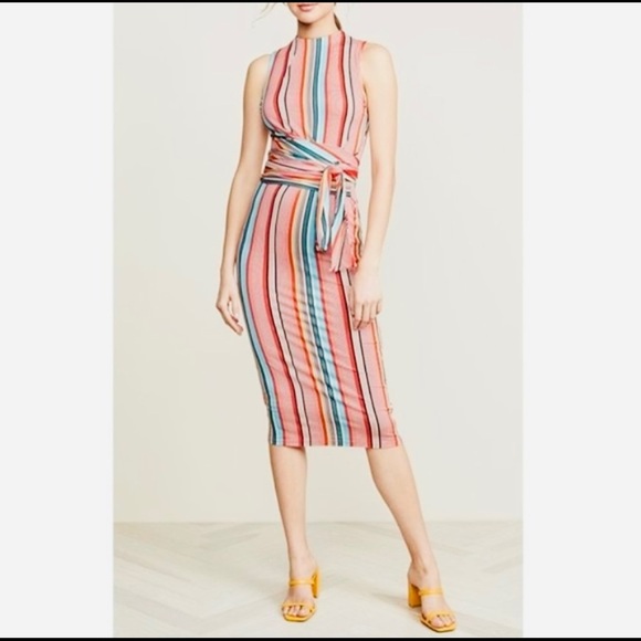 Alice and Olivia Sports Muiltistripes Delora Tie Waist Mock Neck Jersey Midi - Picture 3 of 15